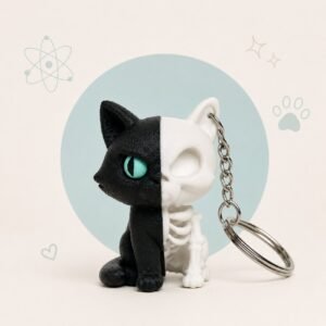 Chaveiro Gato de Schrödinger Física Quântica Kawaii Gatinho Metade Esqueleto Vivo e Morto